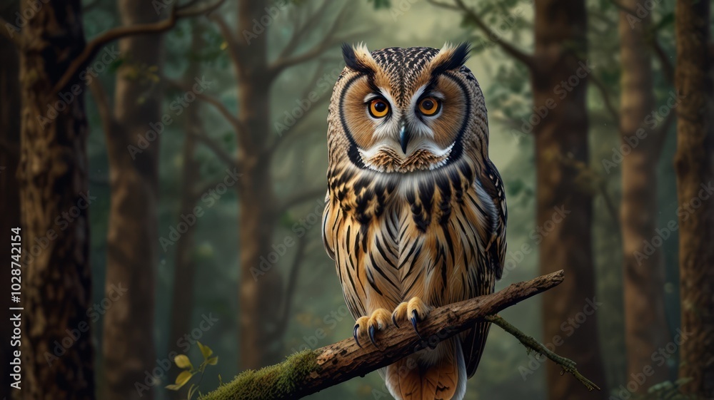 an owl with piercing yellow eyes and a captivating gaze. Its feathered face is framed by a halo of soft, brown feathers, and its distinctive ear tufts add to its regal appearance. an owl with piercing yellow eyes and a captivating gaze. Its feathered face is framed by a halo of soft, brown feathers, and its distinctive ear tufts add to its regal appearance.