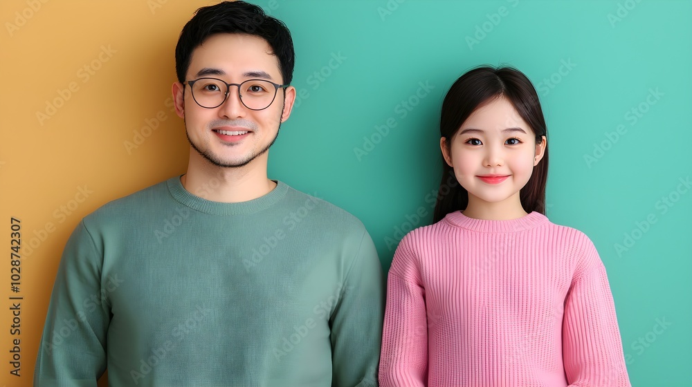 Smiling father and daughter against colorful backgrounds