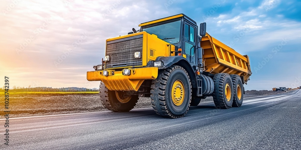 Heavy-duty dump truck traversing an unpaved road at dawn on a construction site Heavy-duty dump truck traversing an unpaved road at dawn on a construction site