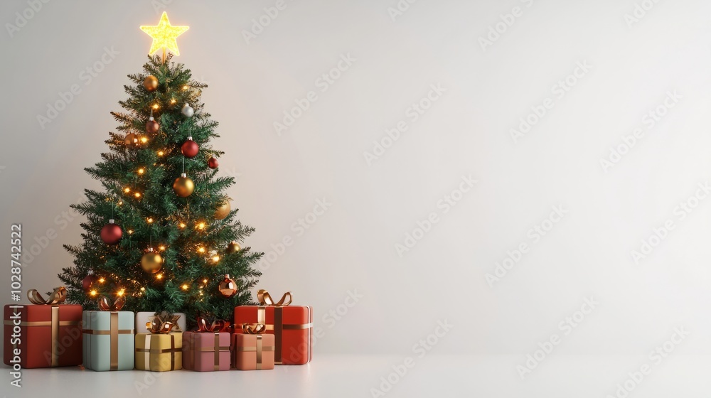 decorated christmas tree and gifts against white background decorated christmas tree and gifts against white background