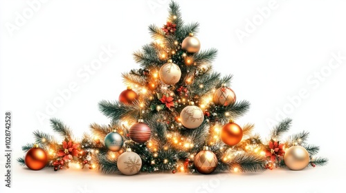 3d illustration chirstmas tree with ornmanets and lights photo