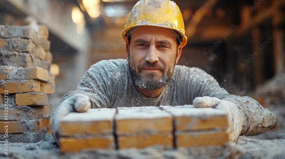 Close-up of a bricklayer laying bricks at a construction site Close-up of a bricklayer laying bricks at a construction site