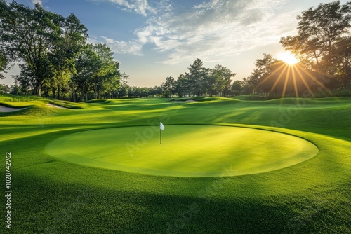 Golf course with a green at the end with a hole pin