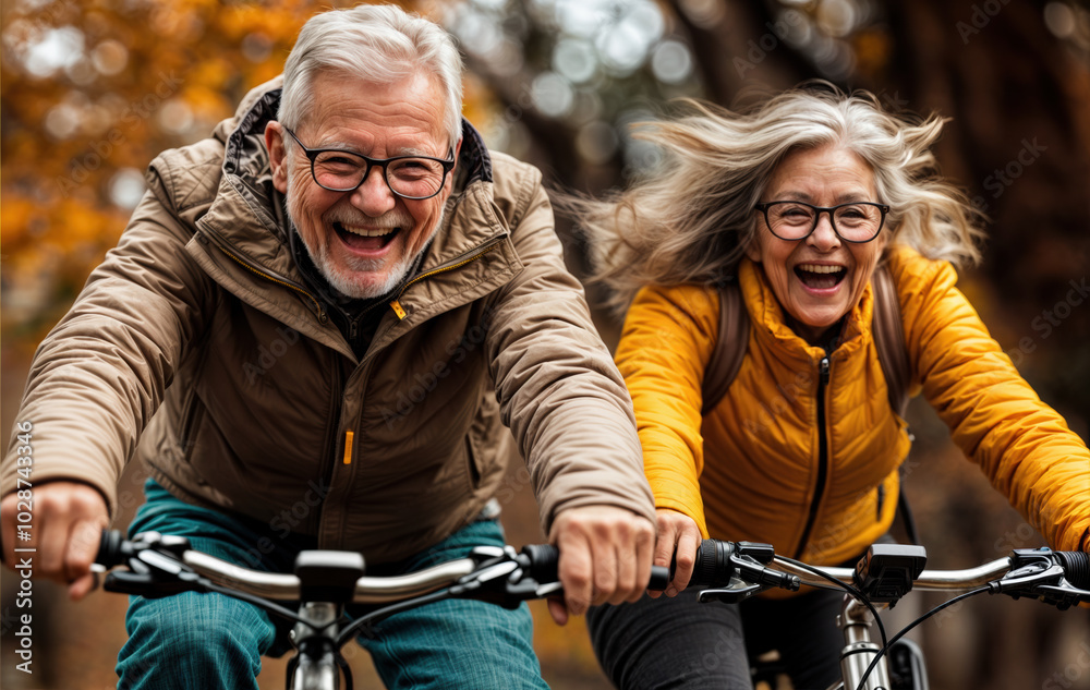 Older couple riding bikes, smiling, enjoying fall weather. They are wearing warm jackets, suggesting cool weather. Older couple riding bikes, smiling, enjoying fall weather. They are wearing warm jackets, suggesting cool weather.