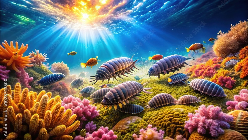 Panoramic View of Isopods on Soft Coral in Vibrant Underwater Ecosystem Panoramic View of Isopods on Soft Coral in Vibrant Underwater Ecosystem
