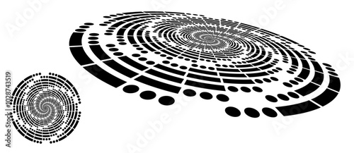 SOS Morse code in circles. Circle abstract background with dynamic lines and dots in spiral. Black shape on a white background. Circle with normal view and perspective.