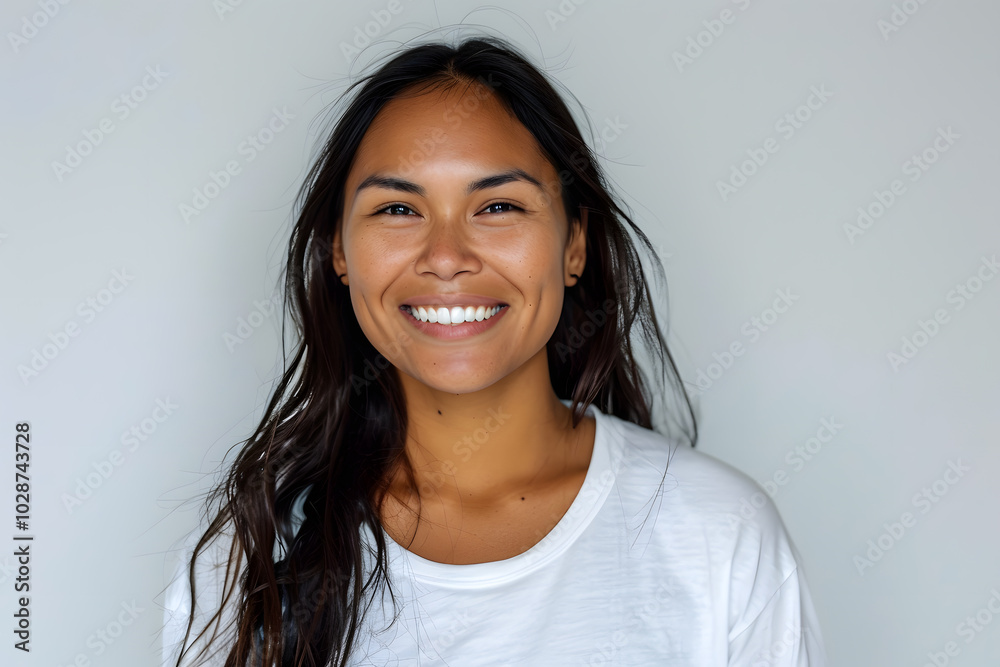 Portrait of native American smiling woman wearing white t-shirt isolated on white background Portrait of native American smiling woman wearing white t-shirt isolated on white background