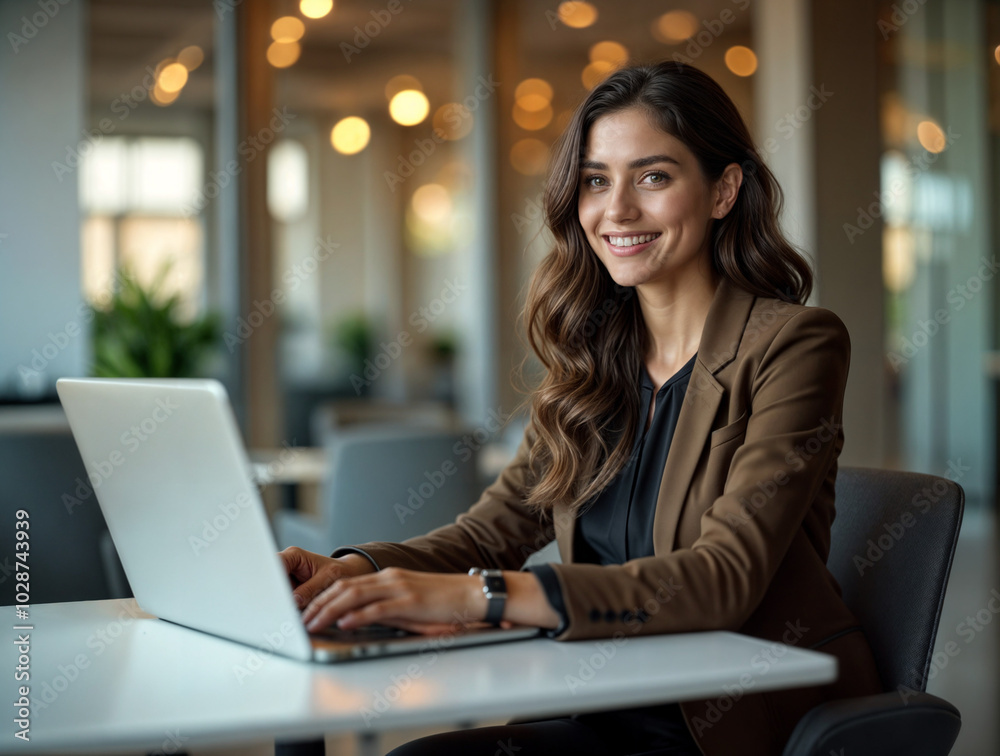 girl working on laptop on office background. Generative AI girl working on laptop on office background. Generative AI
