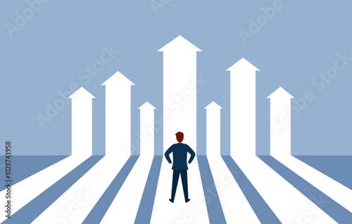 Businessman standing with the arrow up. Making decision for new opportunity vector.