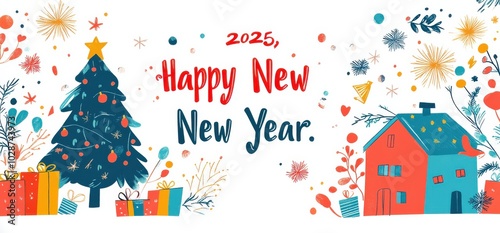 Festive illustration of a Christmas tree with gifts and a cozy house depicting a joyful 2025 New Year celebration