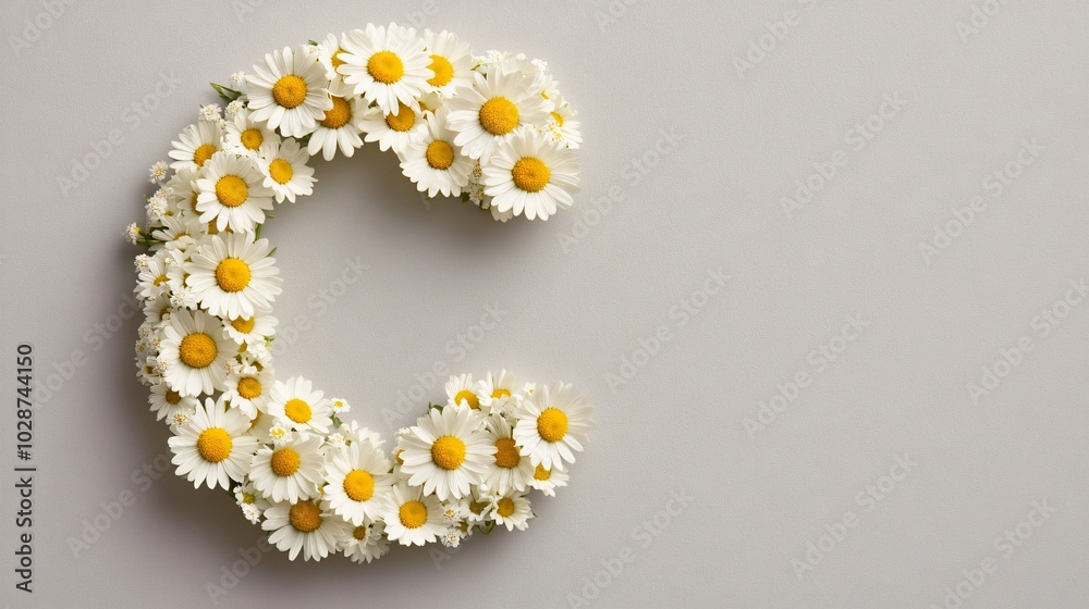Chamomile flowers forming the letter 'C,' isolated on a light grey background with gentle shading and soft lighting