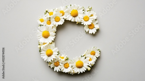 Chamomile flowers forming the letter 'C,' isolated on a light grey background with gentle shading and soft lighting