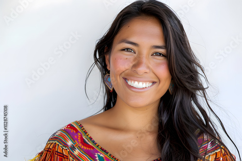 Portrait of native American smiling woman wearing traditional Indian jewelry isolated on white background photo