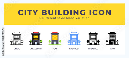 City building icon set with different styles. Design elements for logo. Vector illustration.