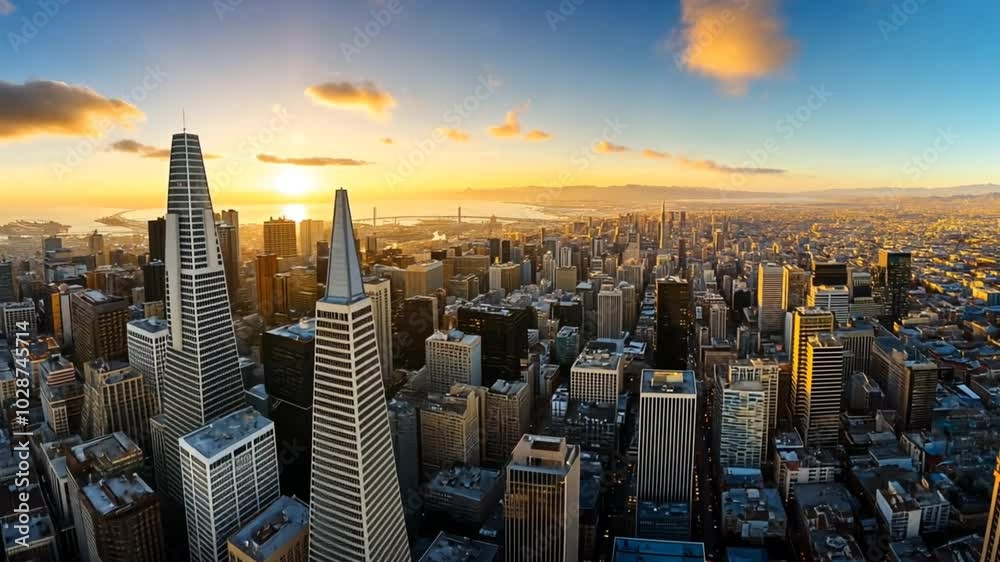 Aerial view of city skyline at sunrise with towering skyscrapers under golden sunlight. Urban morning concept. 