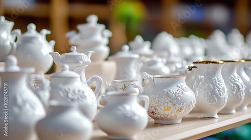 Wallpaper Mural A row of white ceramic vases and cups are displayed on a shelf Torontodigital.ca