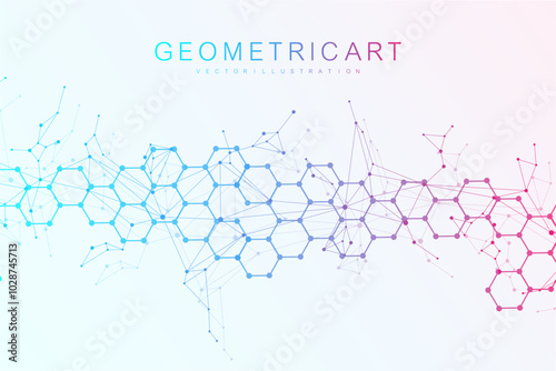 Modern scientific background with hexagons, lines and dots. Wave flow abstract background. Molecular structure for medical, technology, chemistry, science. Vector illustration
