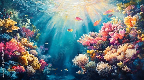 A vibrant underwater scene with colorful coral reefs and fish swimming through sunbeams.