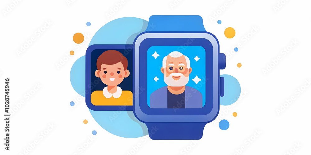 Futuristic Smartwatch Interface Concept: Teenager and Grandparent Interaction Showcasing Seamless Generational Tech Integration in a Tight Close-Up Photo Stock