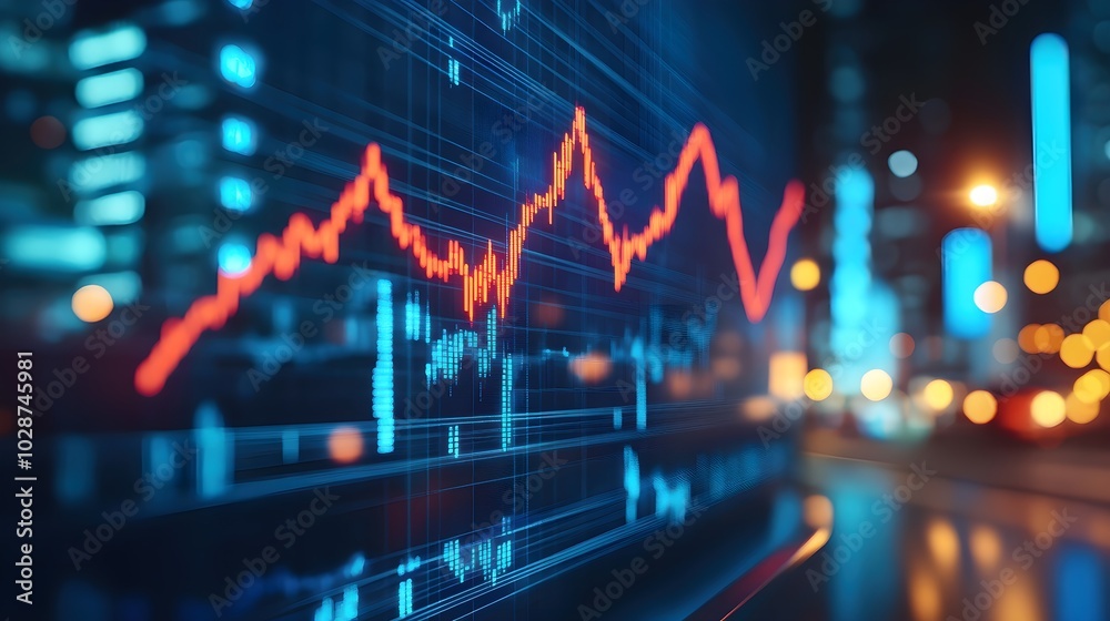 Luminous 3D Arrow Arching Around Stock Market Data Luminous 3D Arrow Arching Around Stock Market Data