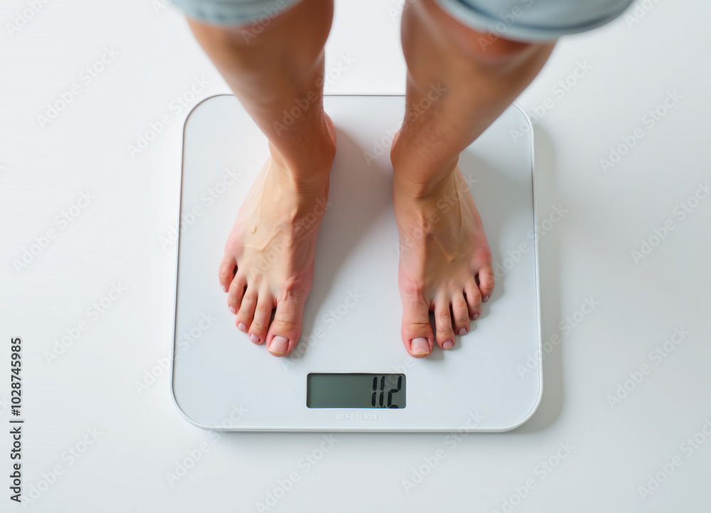 A person's feet are standing on a scale in this image. The scale reads the weight