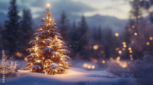 christmas tree with lights in the snowy forest