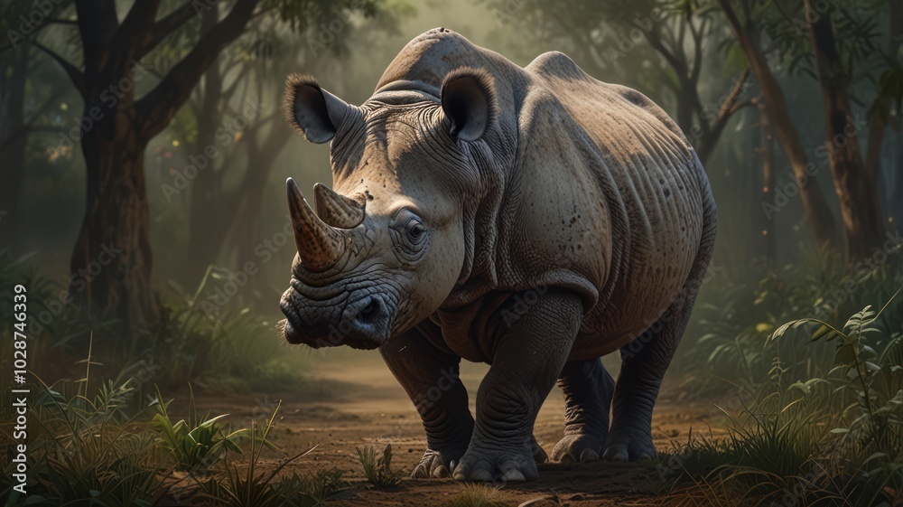 Fototapeta premium a rhinoceros with a strong body and thick gray skin that conveys a sense of strength and resilience. Sunlight filtered through the dense leaves, casting mottled shadows on the creature's large body.