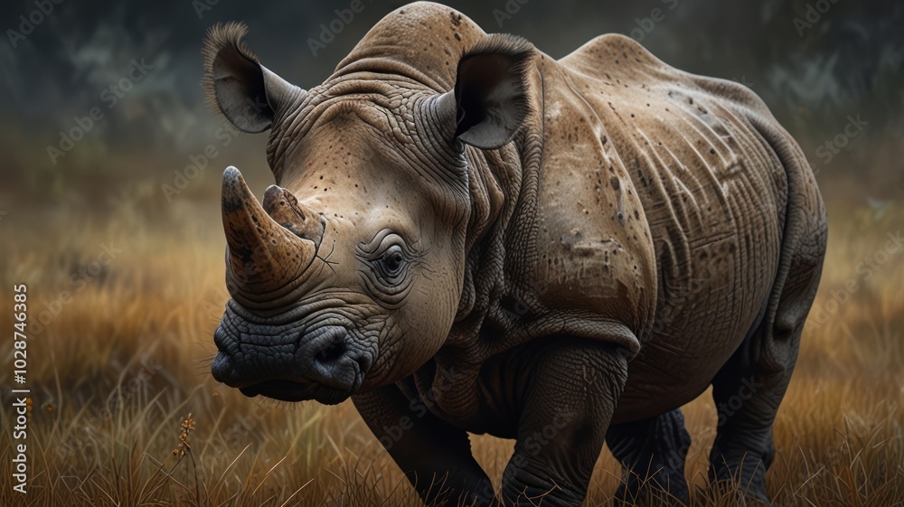 Fototapeta premium a rhinoceros with a strong body and thick gray skin that conveys a sense of strength and resilience. Sunlight filtered through the dense leaves, casting mottled shadows on the creature's large body.