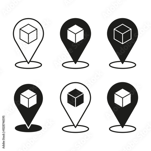 Six location pin icons with cubes, ideal for logistics, package tracking, or delivery services.