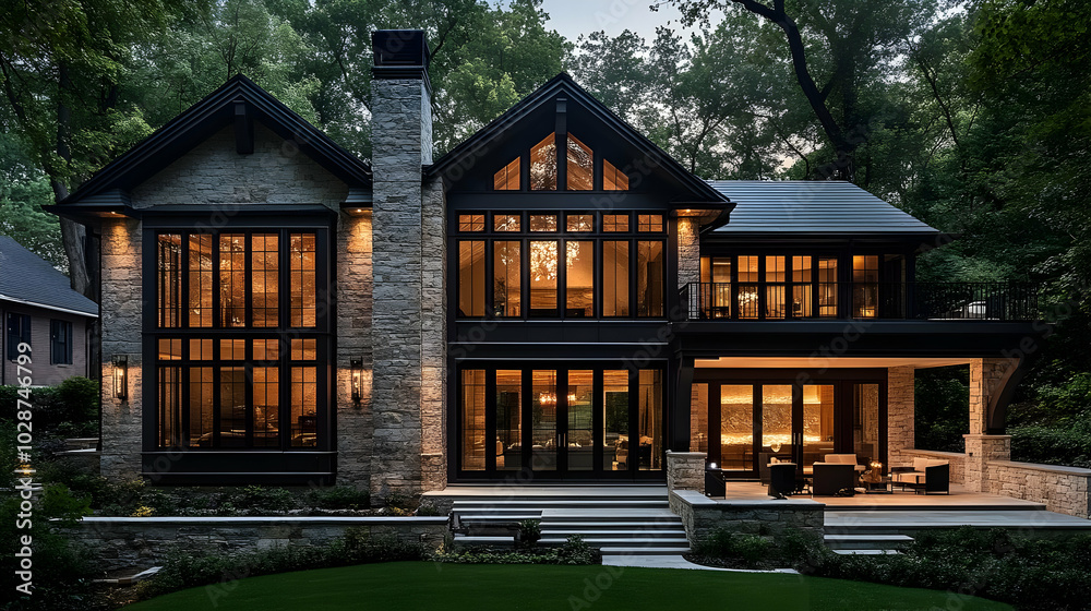 Modern home with large windows and outdoor seating area at dusk. Modern home with large windows and outdoor seating area at dusk.