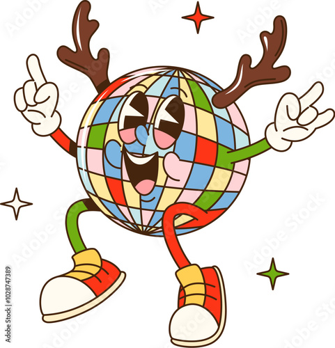 Cartoon groovy Christmas disco ball character. Vector festive retro personage with colorful facets, reindeer horns and cheerful smile happily dancing adds playful and lively vibe to xmas celebration