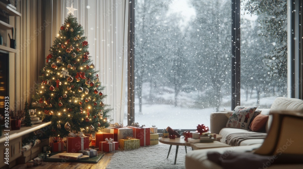 christmas scene with christmas tree and snow christmas scene with christmas tree and snow