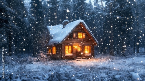 wooden house with lights in snowy forest