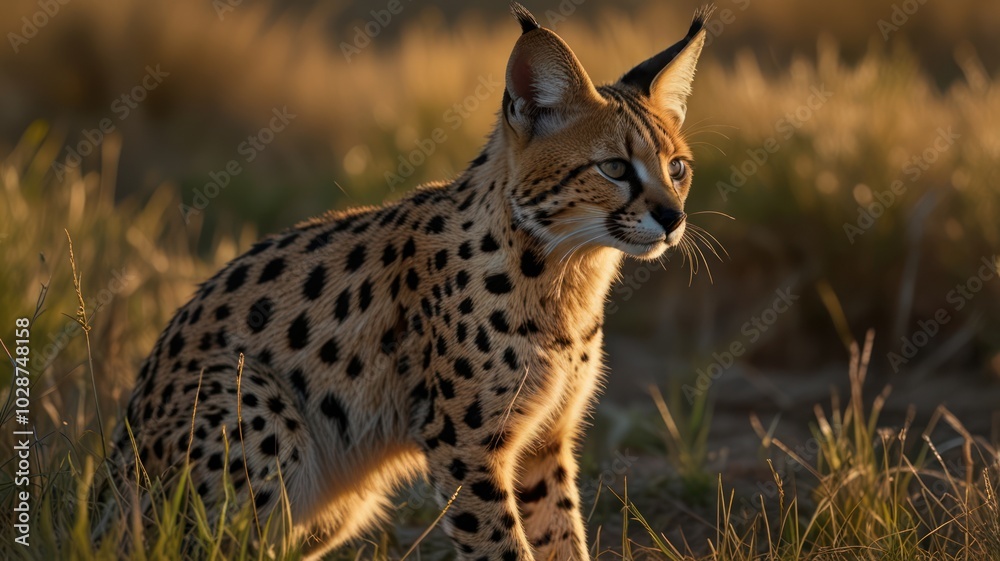 Fototapeta premium a serval, its distinctive spotted fur blending perfectly with the golden hues of the savanna. The setting sun casts a warm glow over the scene.
