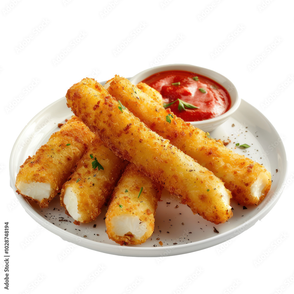 fried mozarella sticks with ketchup on a plate. fried mozarella sticks with ketchup on a plate.