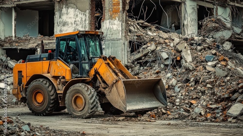 Fototapeta premium Yellow Excavator Clearing Debris from a Demolished Building