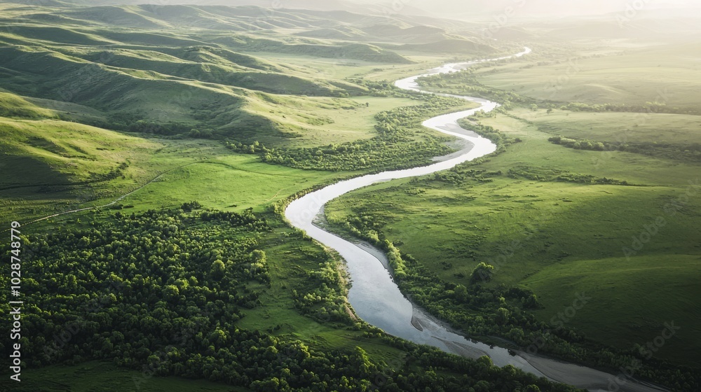 Majestic American Countryside Landscape with Winding River and Lush Green Banks under Ultra-Detailed, Cinematic Light Majestic American Countryside Landscape with Winding River and Lush Green Banks under Ultra-Detailed, Cinematic Light