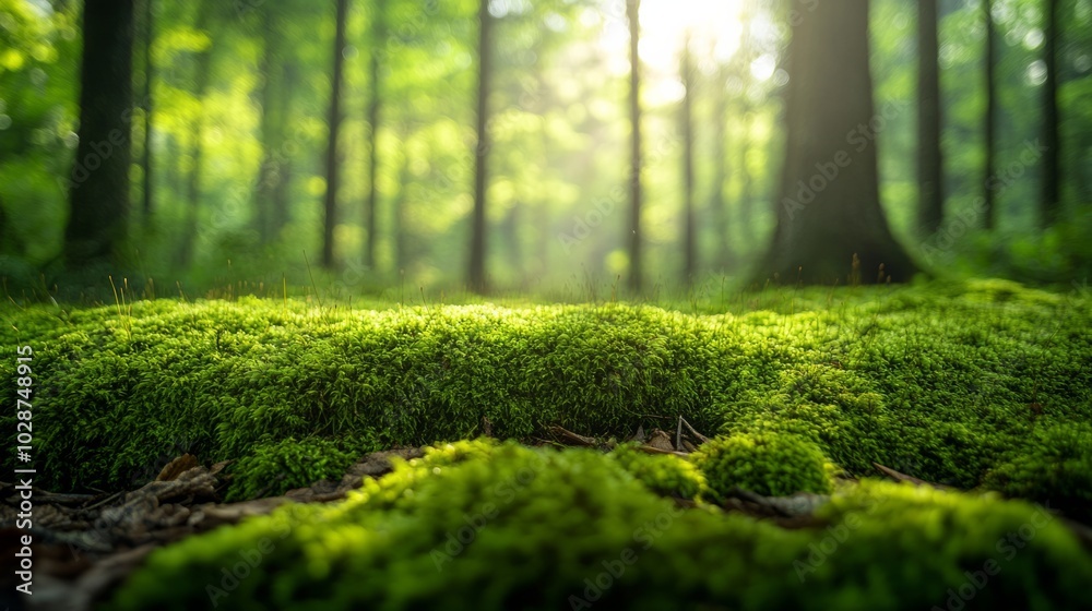 In the forest, moss grows on tree trunks and roots, and there is sunlight shining through the trees in an endless green pine forest. In the forest, moss grows on tree trunks and roots, and there is sunlight shining through the trees in an endless green pine forest.