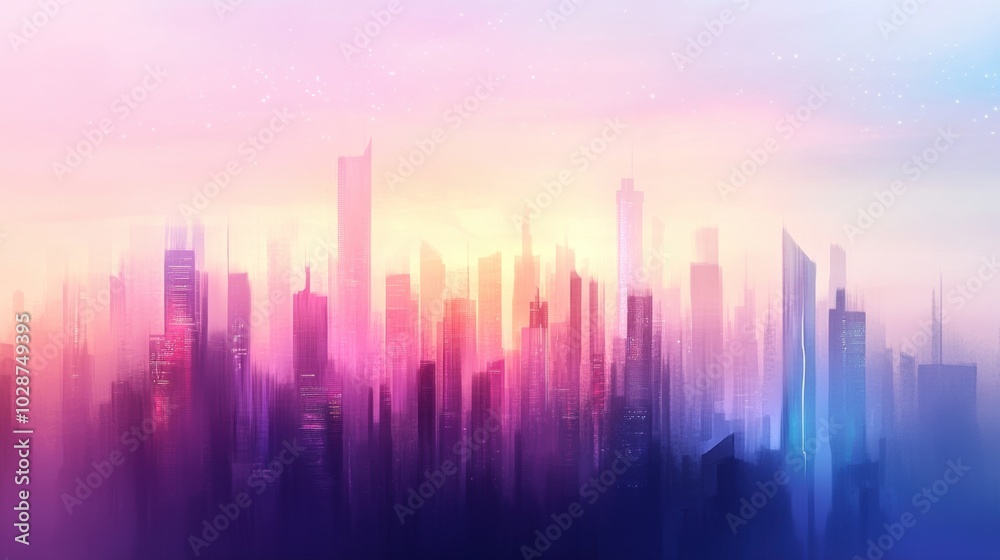 Fototapeta premium Futuristic cityscape with vibrant pink and blue hues blending into a dreamy skyline, AI