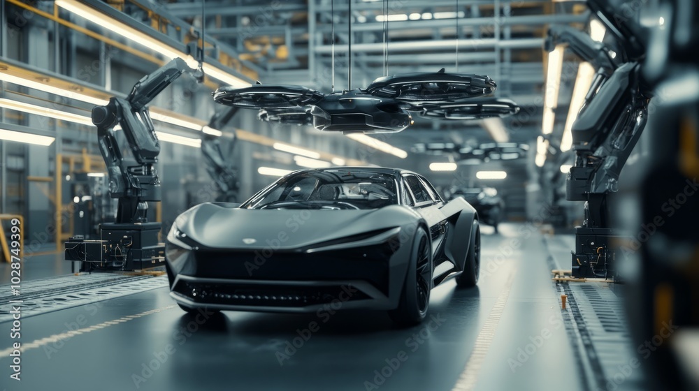 In the smart factory, on the automated assembly line, robotic arms are producing luxury grey car. In the smart factory, on the automated assembly line, robotic arms are producing luxury grey car.