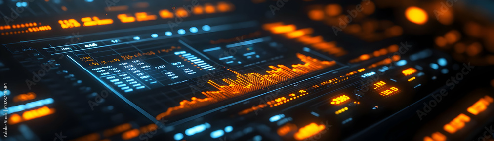 Futuristic Digital Display Shows Financial Data Analysis Interface with Charts, Graphs, and Numbers in Orange and Blue Futuristic Digital Display Shows Financial Data Analysis Interface with Charts, Graphs, and Numbers in Orange and Blue