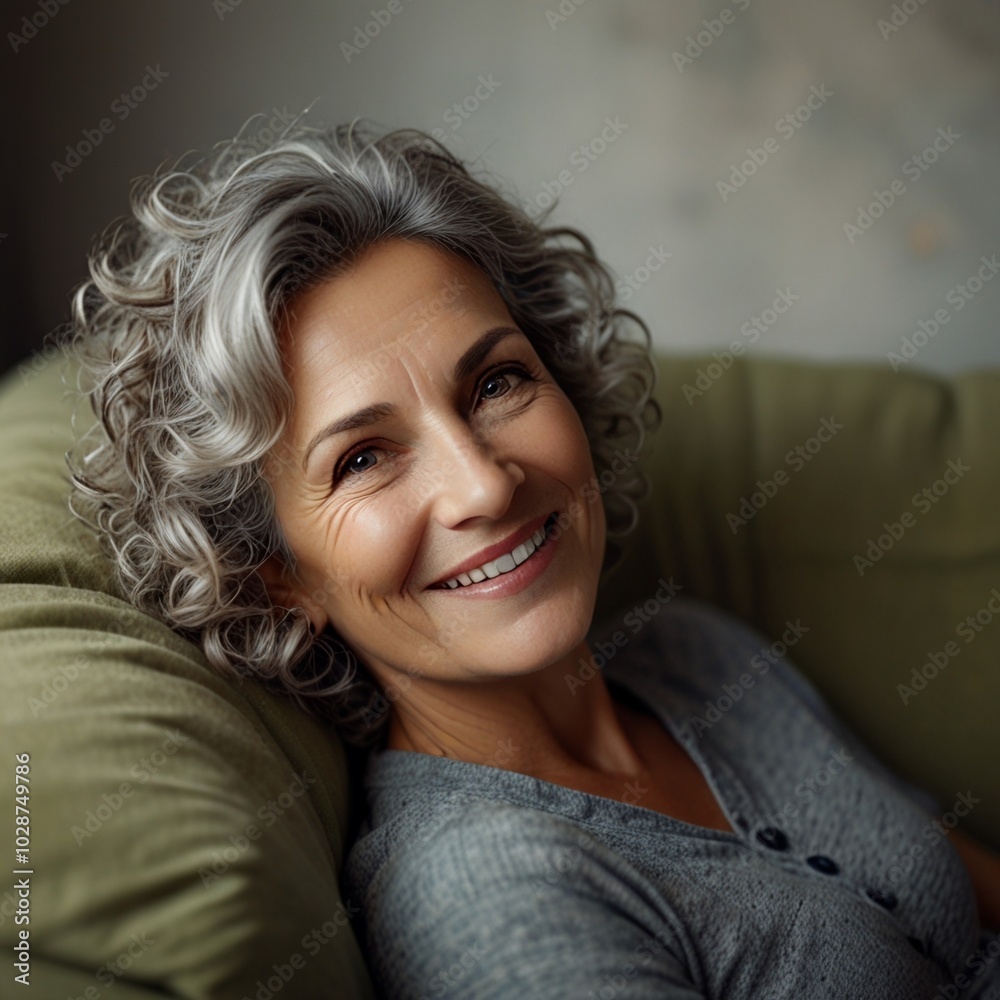Happy relaxed 50 years old woman laying on sofa at home looking away. Smiling middle aged lady posing in living room at home. Mature older female with curly gray hair relaxing on couch enjoying chill Happy relaxed 50 years old woman laying on sofa at home looking away. Smiling middle aged lady posing in living room at home. Mature older female with curly gray hair relaxing on couch enjoying chill
