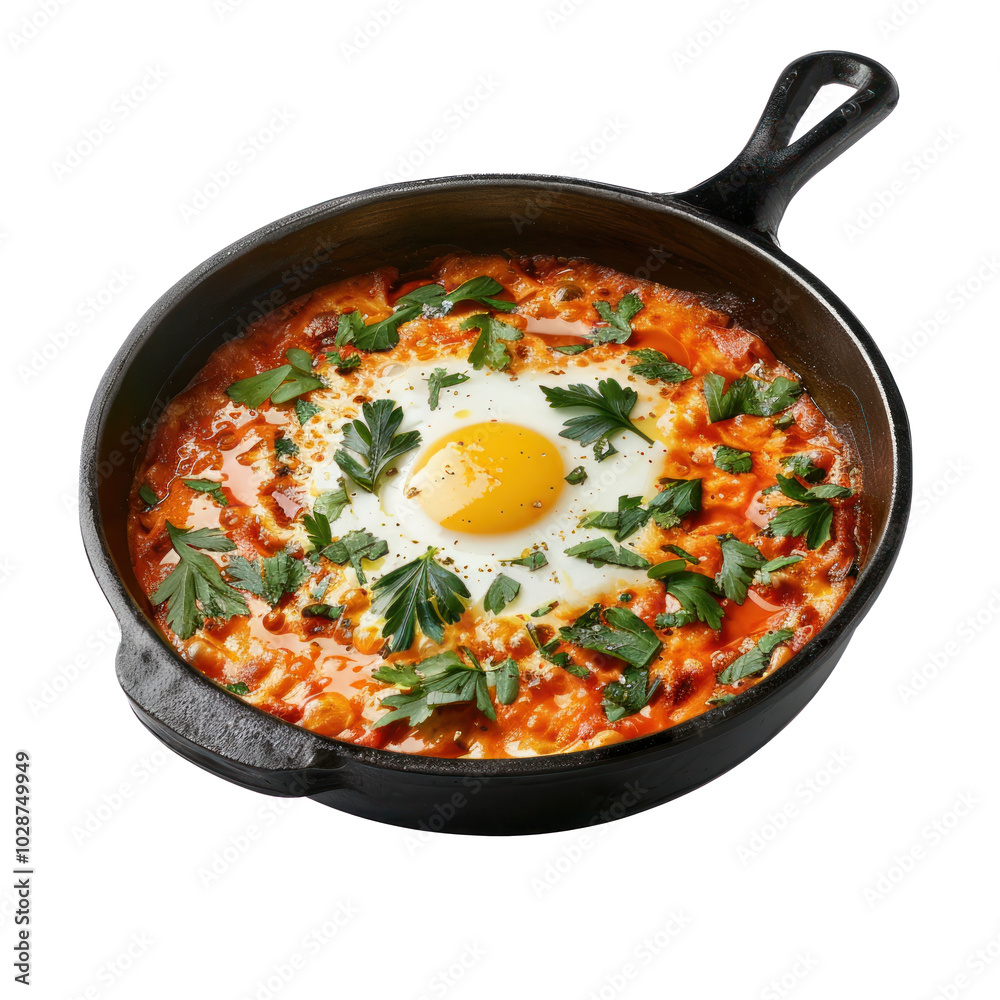 Shakshuka, eggs poached in spicy tomato sauce, on transparent background. Shakshuka, eggs poached in spicy tomato sauce, on transparent background.