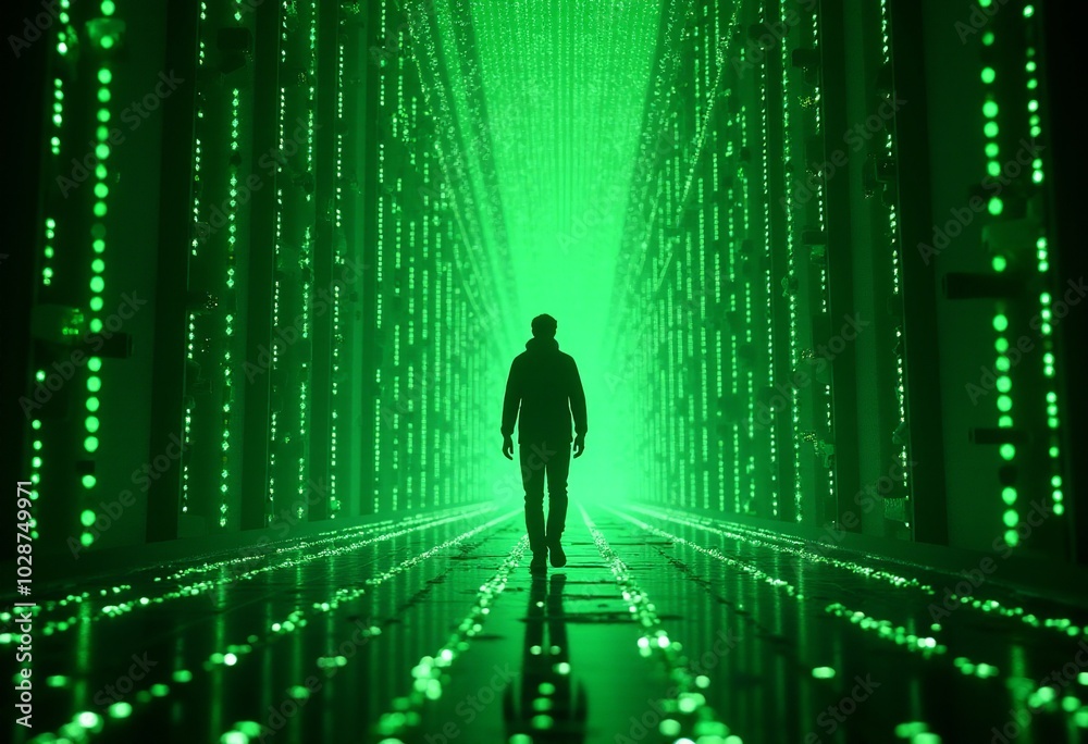 Cinematic Exploration of a Sci-Fi Environment: A Human Silhouette Walks into a High-Tech Interface Surrounded by Glowing Circuit Patterns and Matrix Code Rain Cinematic Exploration of a Sci-Fi Environment: A Human Silhouette Walks into a High-Tech Interface Surrounded by Glowing Circuit Patterns and Matrix Code Rain