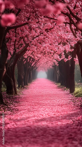 The delicate beauty of cherry blossoms: spring awakening in Japan A romantic depiction of cherry trees in full bloom with delicate pink petals dancing in the wind.