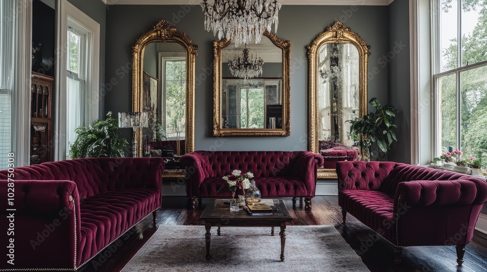 A sophisticated front parlor with burgundy sofas, tall mirrors with gold frames, and crystal chandeliers. A sophisticated front parlor with burgundy sofas, tall mirrors with gold frames, and crystal chandeliers.