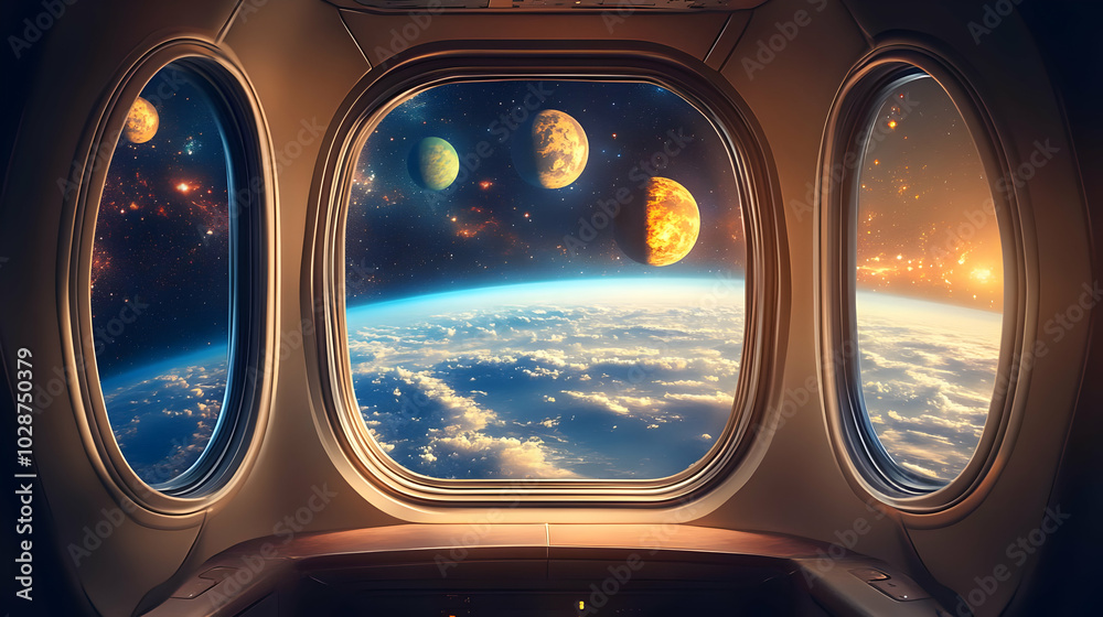View of space from a spacecraft window, showcasing planets and Earth. View of space from a spacecraft window, showcasing planets and Earth.