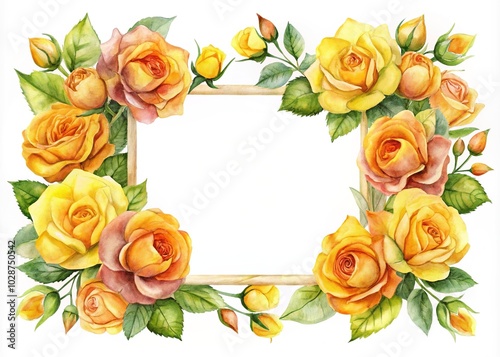 Watercolor Floral Frame with Yellow and Orange Roses in Pastel Colors on White Background for Elegant Fashion Photography