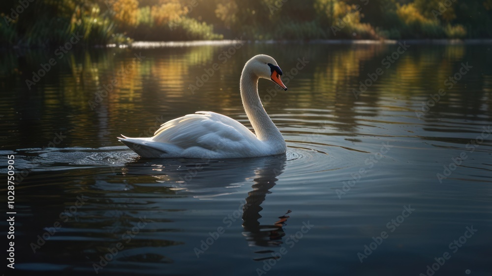 Fototapeta premium The swan's elegant neck curves as it glides through the water, creating ripples that distort its reflection.