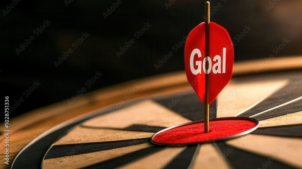Obraz premium Close-up of a dartboard featuring a red dart with the word Goal, symbolizing achievement and precision.